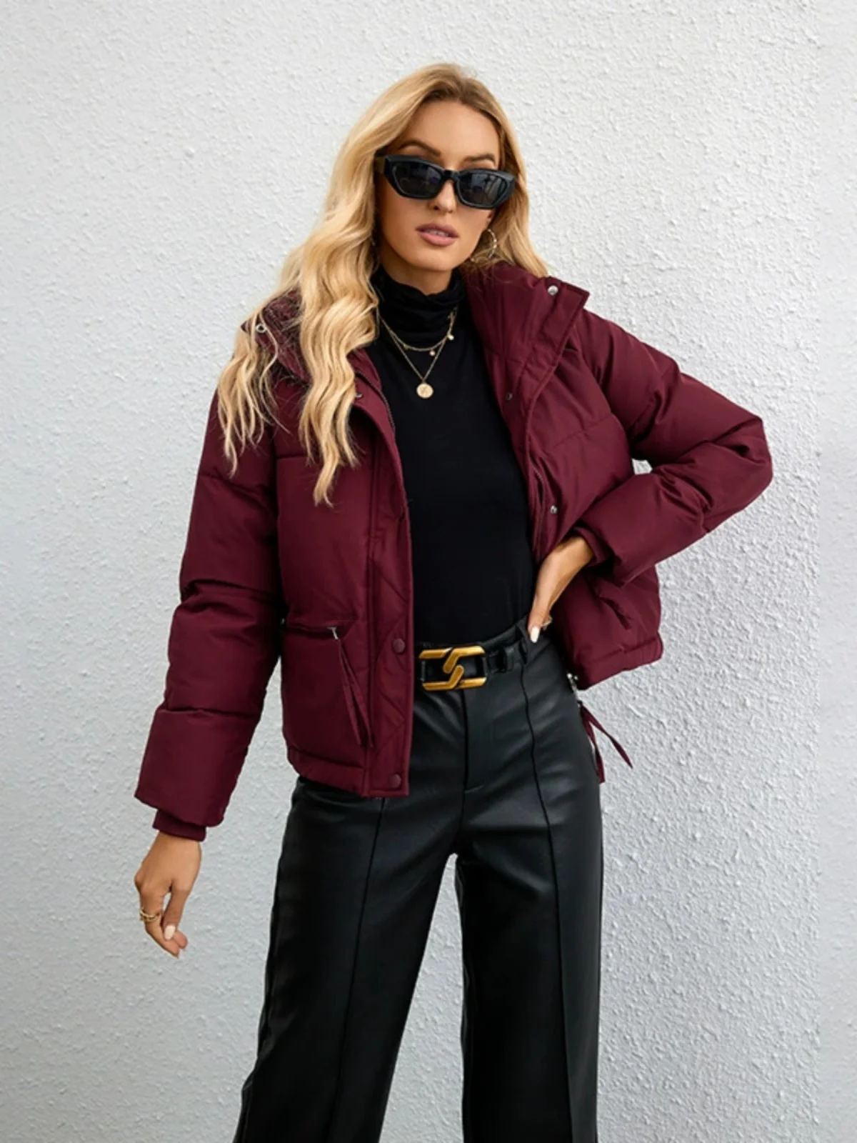 

Women Autumn Fashion Winter Coat Zipper Pocket Design Casual Stand Collar Long Sleeve Plain Daily Baggy Puffer Jacket