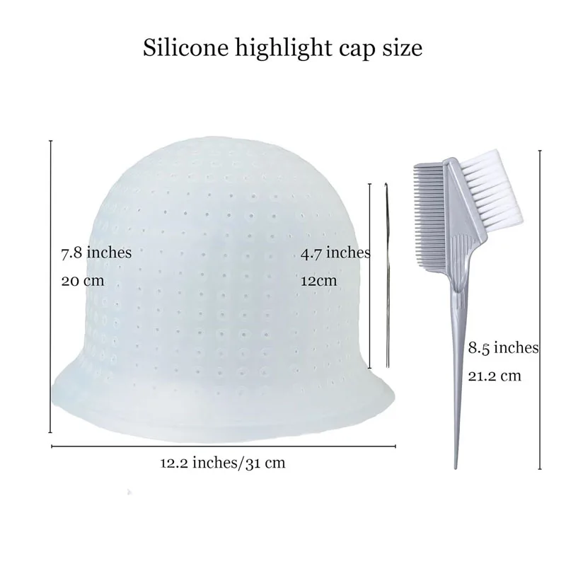 Silicone Highlight Hair Cap with Needle and Dyeing Brushes Set 3pcs Reusable Hair Coloring Cap for Color Hair Salon Hairdressing