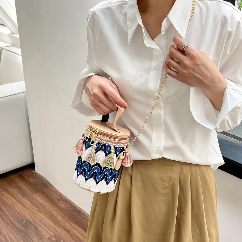 Etnische Stijl Kwastje Enkele Schouder Crossbody Tas Ronde Vat Tas Met Ketting Retro Nationale Stijl Mode Individualiteit Handtas