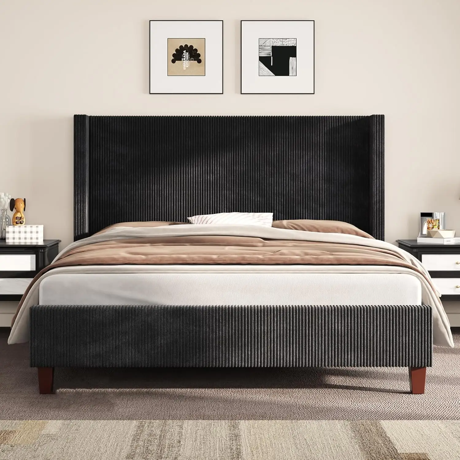 إطار سرير منجد مع سرير بمنصة أمامية طويلة 50.8 بوصة مع أرجل خشبية صلبة وشرائح خشبية سروال قصير/بدون صندوق زنبركي N