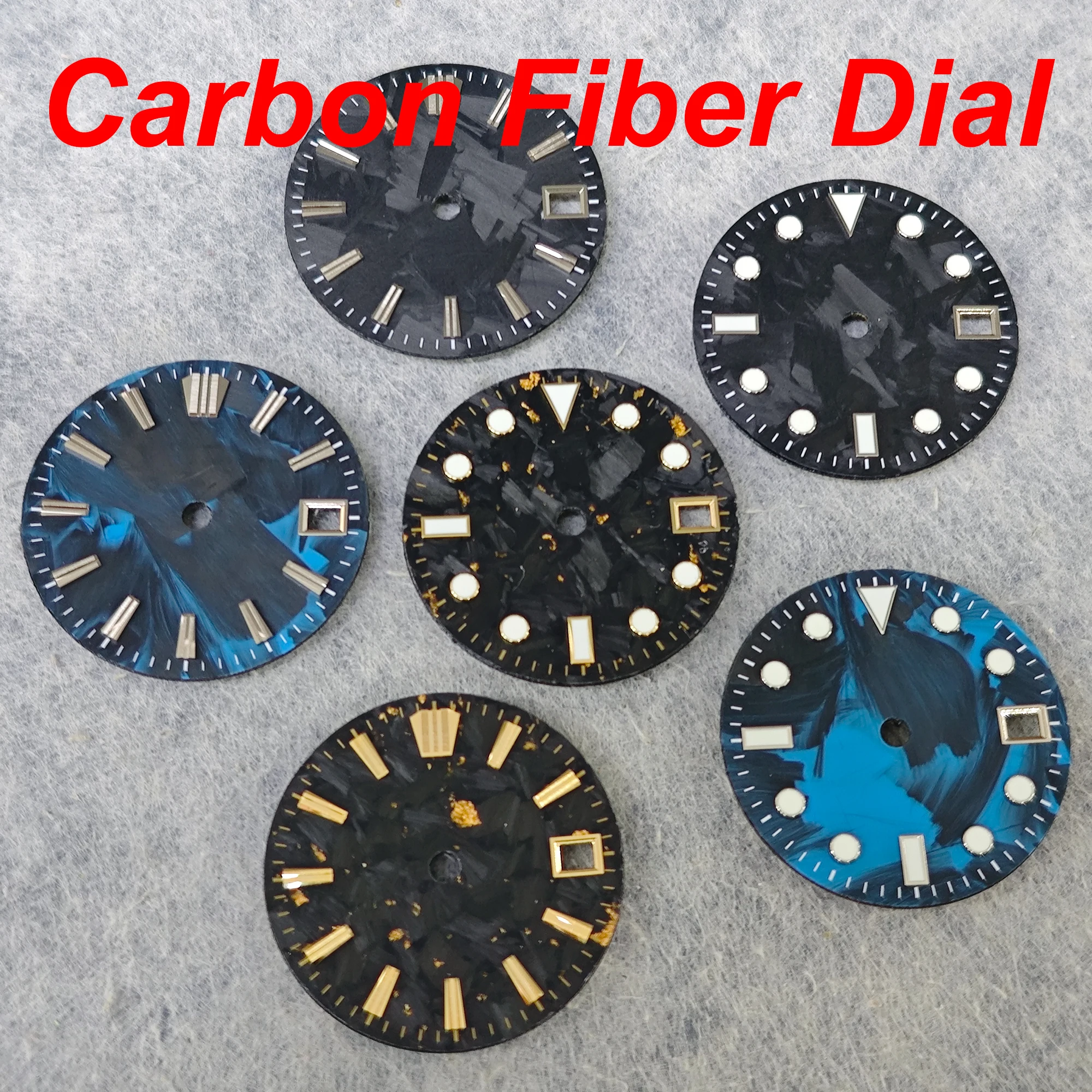 

Циферблат 28,5 мм NH35, циферблат из настоящего углеродного волокна, высококачественный светящийся циферблат, подходит для механизма NH34/35