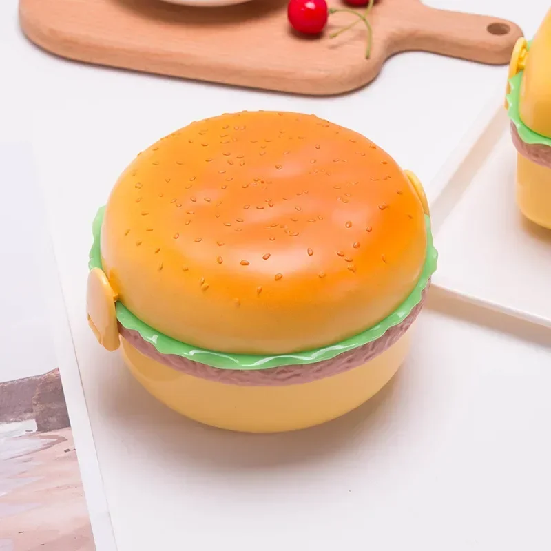 Hamburger Lunch Box Double Tier Cute Burger Bento Box Microwave Children School Food Container Fork Tableware Set