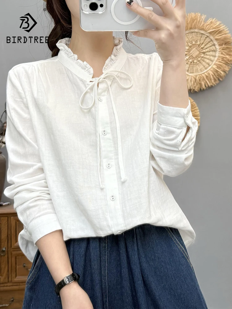 جديد 2025 قميص خريفي بأكمام طويلة من غزل القطن ، بلوزة نسائية فضفاضة مكشكشة برباط علوي ، بلوزة موري جيرل ناعمة OL متعددة الاستخدامات T57057CC