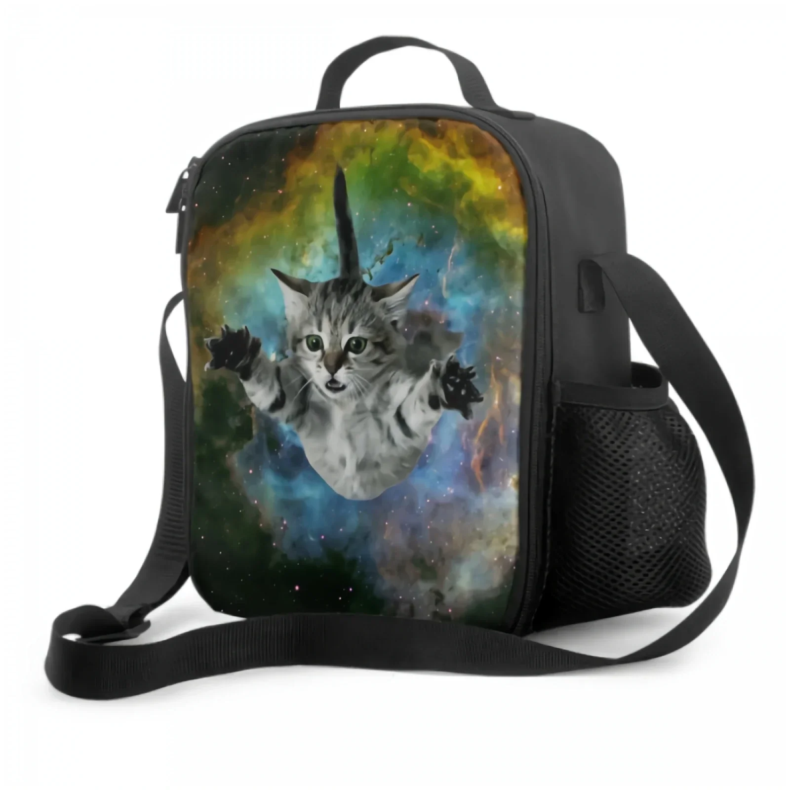 Cat Galaxy Insulated Lunch Bag for School Work Picnic Cute Flying Kitten Travel In Space Lunch Containers Reusable Cooler Bag