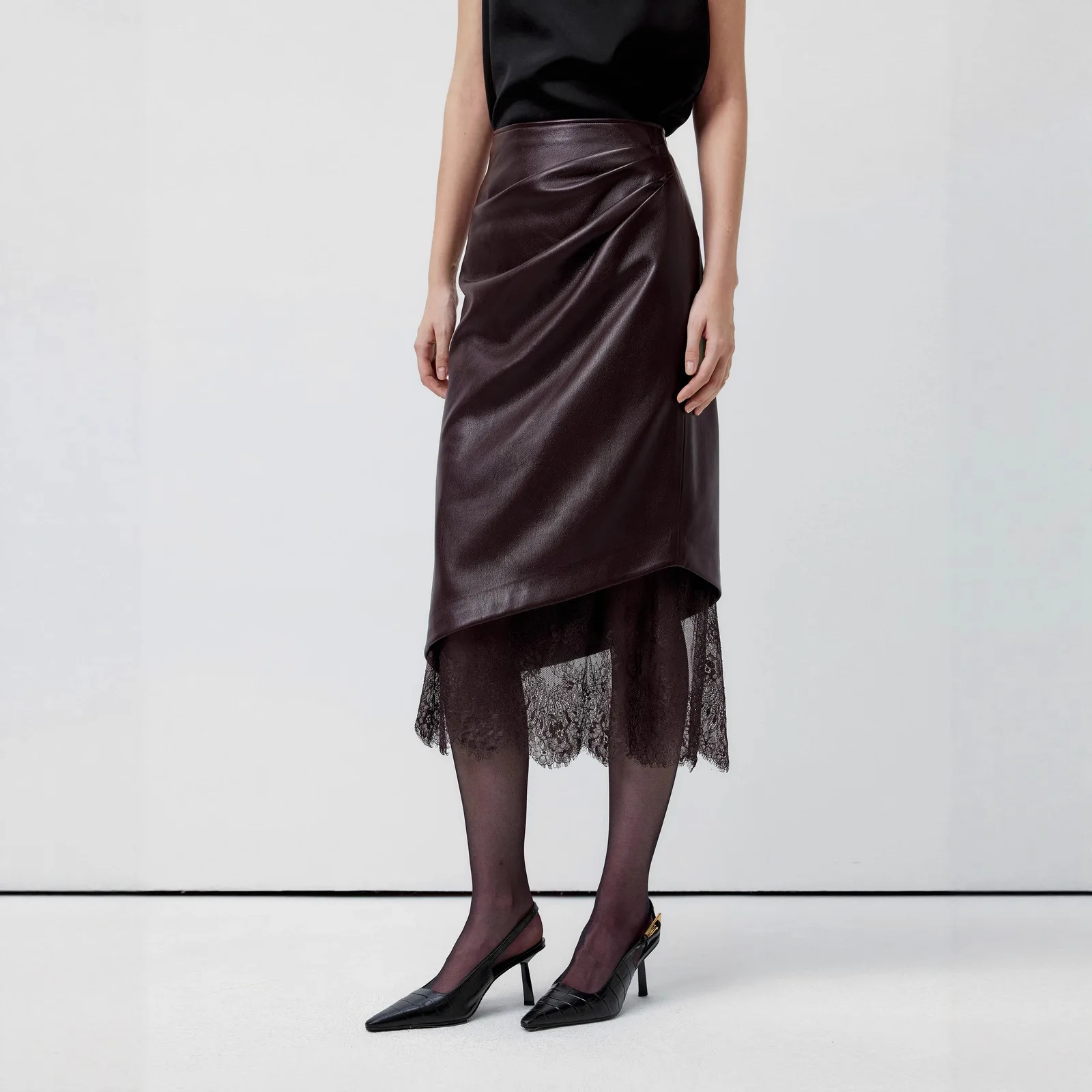 레이스 패치워크 가죽 PU 미디 스커트 프렌치 스타일 패셔너블 하프 바디 힙 허깅 스커트 하이 웨이스트 피쉬테일 스커트