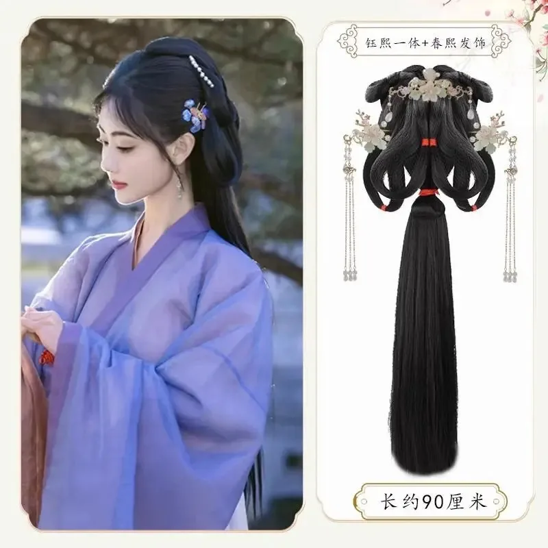 تأثيري Hanfu الباروكات النساء السود القديمة الصينية Hanfu الباروكات القبعات اكسسوارات Hanfu طويل مستقيم الباروكات شعر مستعار أسود غطاء الرأس