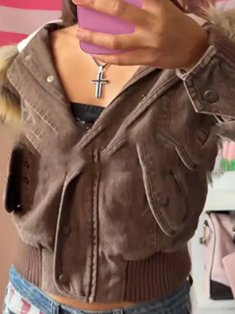 Chaqueta corta con capucha de piel para mujer, abrigo cálido con cremallera para otoño e invierno, prendas de vestir exteriores de manga larga, Tops para mujer 2025