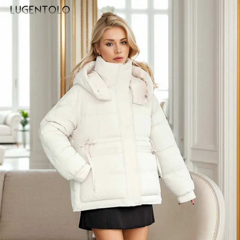 Women Casual Parkas Fall/Winter Midi Thickened Warm Bread Jacket Fashion Hooded Lace-up Waist-cinching Coat Versatile Daily Wear