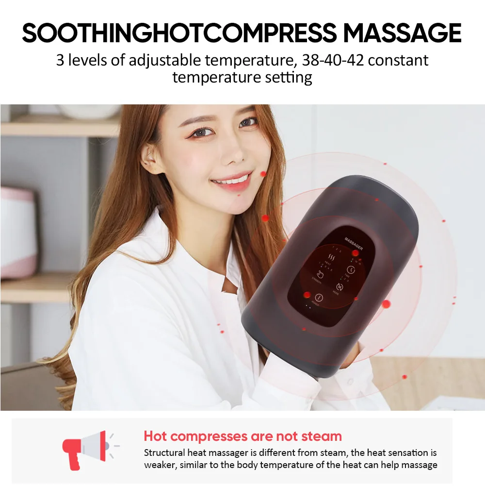 USB Rechargeable Hand massager, airbag heating application, vibration, meridian acupoint pressing, kneading, palm massage device