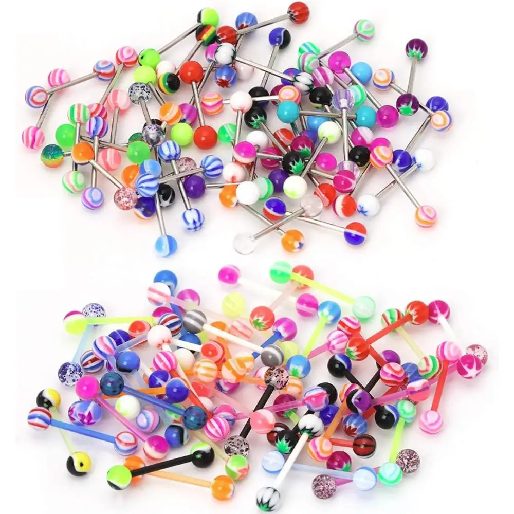 110PCS Set Crazy Piercing Wholesale 14g Stainless Steel Acrylic Bar Tongue Rings Barbells Assorted Colors Acrylic Ball Jewelry