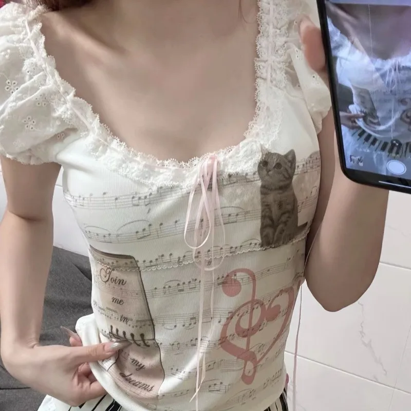 

Harajuku Slim Hottie T-shirts American Vintage Music Print Tshirt Summer White Lace Patchwork Tees Women's Sexy Chic Short Tops