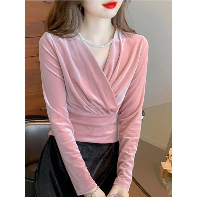 Commuter Versatile Temperament Elegant V-Neck Blouse Short Velvet Shirt Women\'s 2024 Autumn New French Style Slim Fit Top