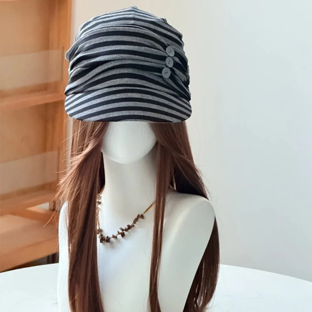 Vintage Stripe Pleated Newsboy Hat Women Soft Fabric Back Tie Long Tail Peaked Cap Casual Y2K Streetwear Ladies Fashion Hat
