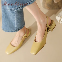 Meotina Women Slingbacks Shoes Genuine Leather Thick Heels Pumps Square Toe Buckle Mid Heel Ladies Footwear Spring Autumn Yellow