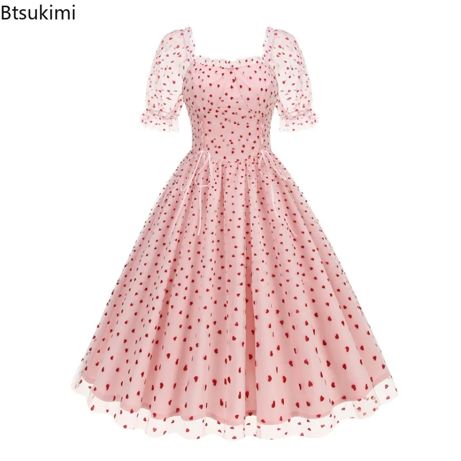 

Women's Sweetheart Neck Heart Flocking Mesh Long Dress Spring Summer Valentine's Day Club Party Women High Waist Elegant Dress