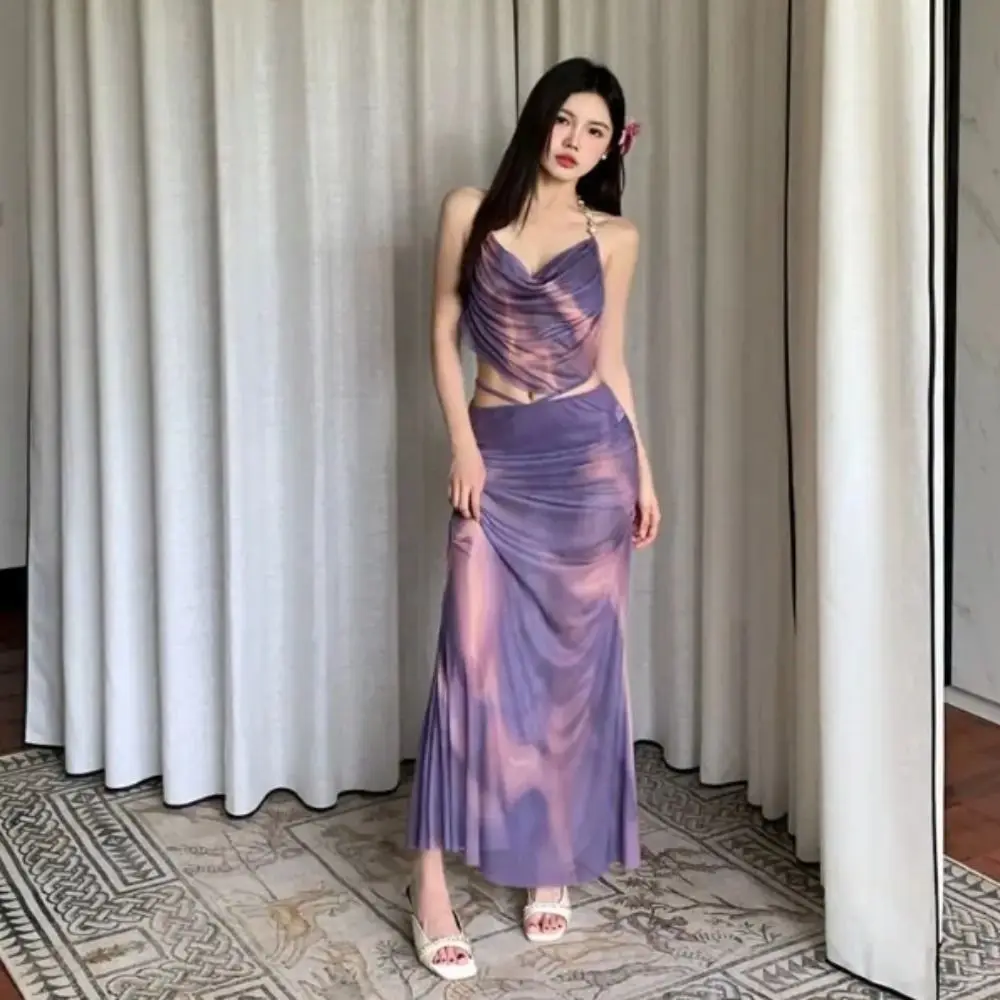 

Long Dress Sexy Bikini Gathered Steel Support Split Skirt Three-Piece Set Covered Flesh Small Chest Beach Vacation Swimwear