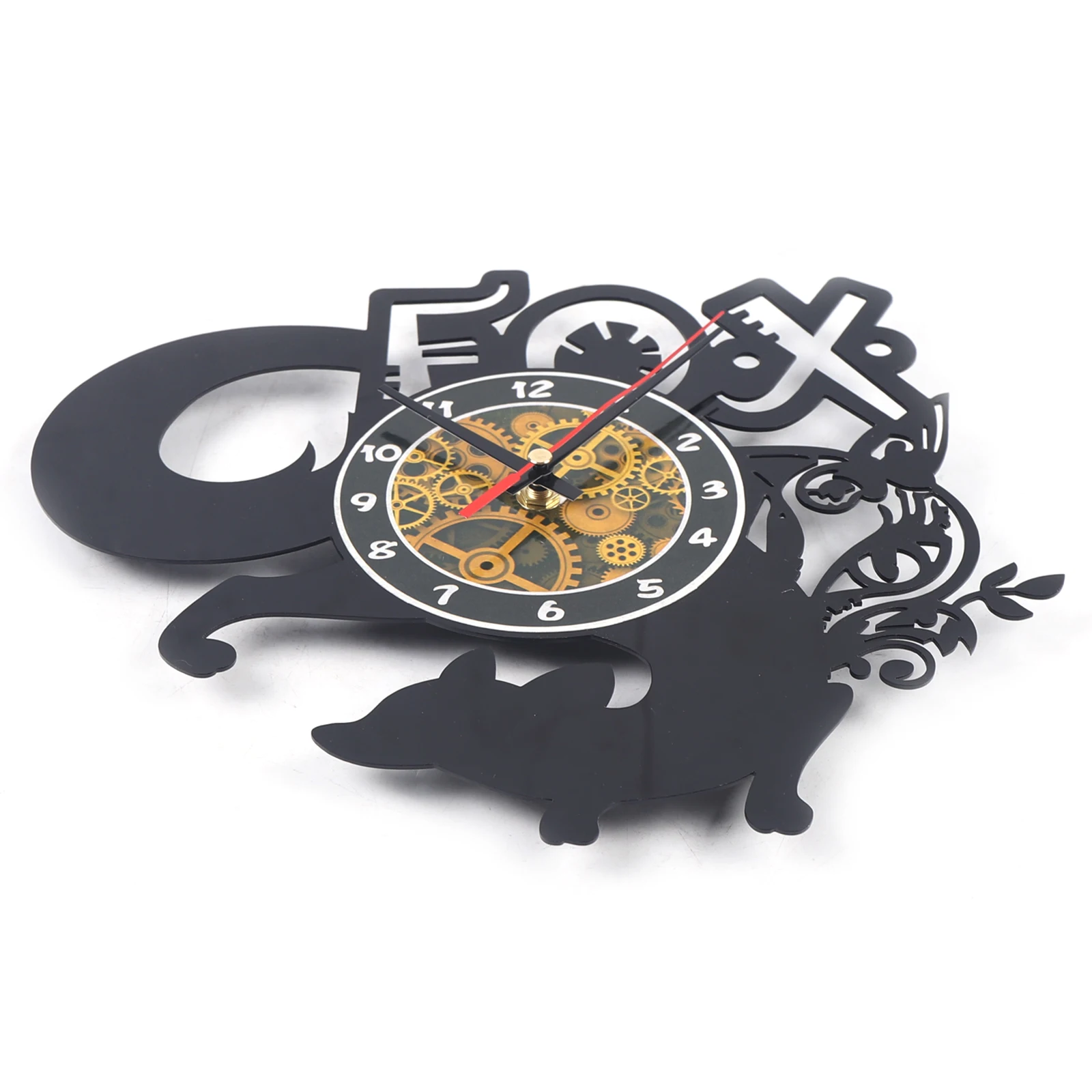 Wall Clock 3D Art Wall-Mounted Clock Black Modern Acrylic Silent Clock Large Wall Decoration Fox-Shaped Clock