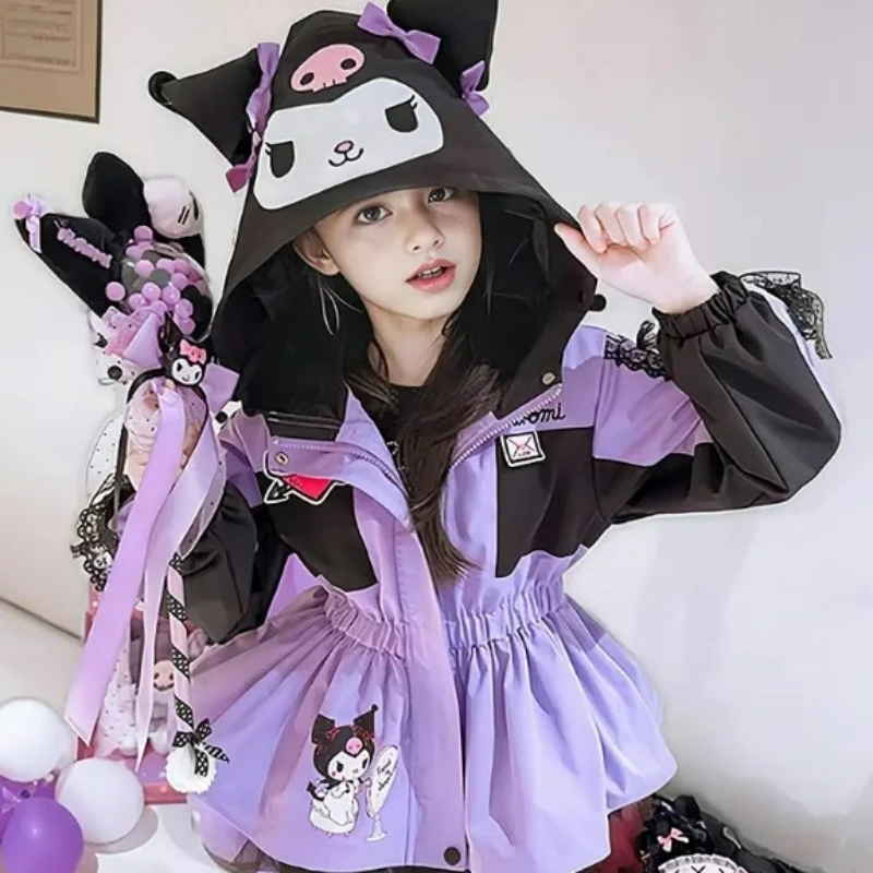 Miniso Sanrio Kuromi Girl Autumn New Children\'s Fashion Jacket Casual Trench Coat Birthday Gift.