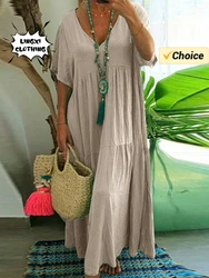 2024 Summer Fashion New Women's Long Dress V-Neck Irregular Solid Cotton Elegant Large Size Casual Long Swing Vintage Dress