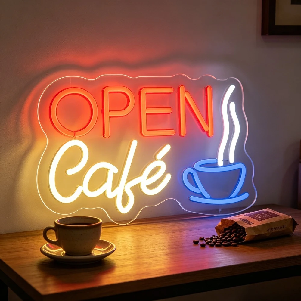 Open Cafe Neon Sign LED Wall Art Lighting Coffee Shop Decor for Storefront Window Bar Kitchen Restaurant Business Open Sign Gift