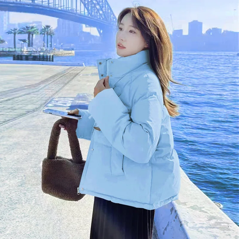 Damska kurtka puchowa na zimę 2025 z guzikami z rogu, luźny krój, stójka, zamki błyskawiczne, ocieplana bawełną, z kieszeniami, pogrubiona.