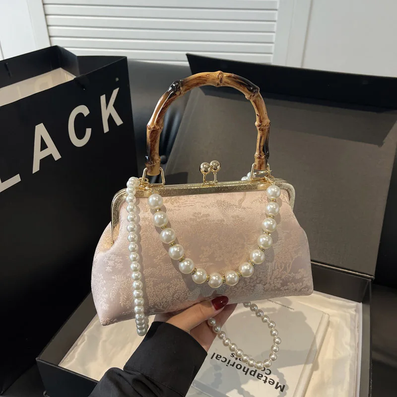 

Bamboo shell clip handbag 2025 new texture pearl temperament shoulder bag with buckle crossbody bag sac de luxe femme ita bag