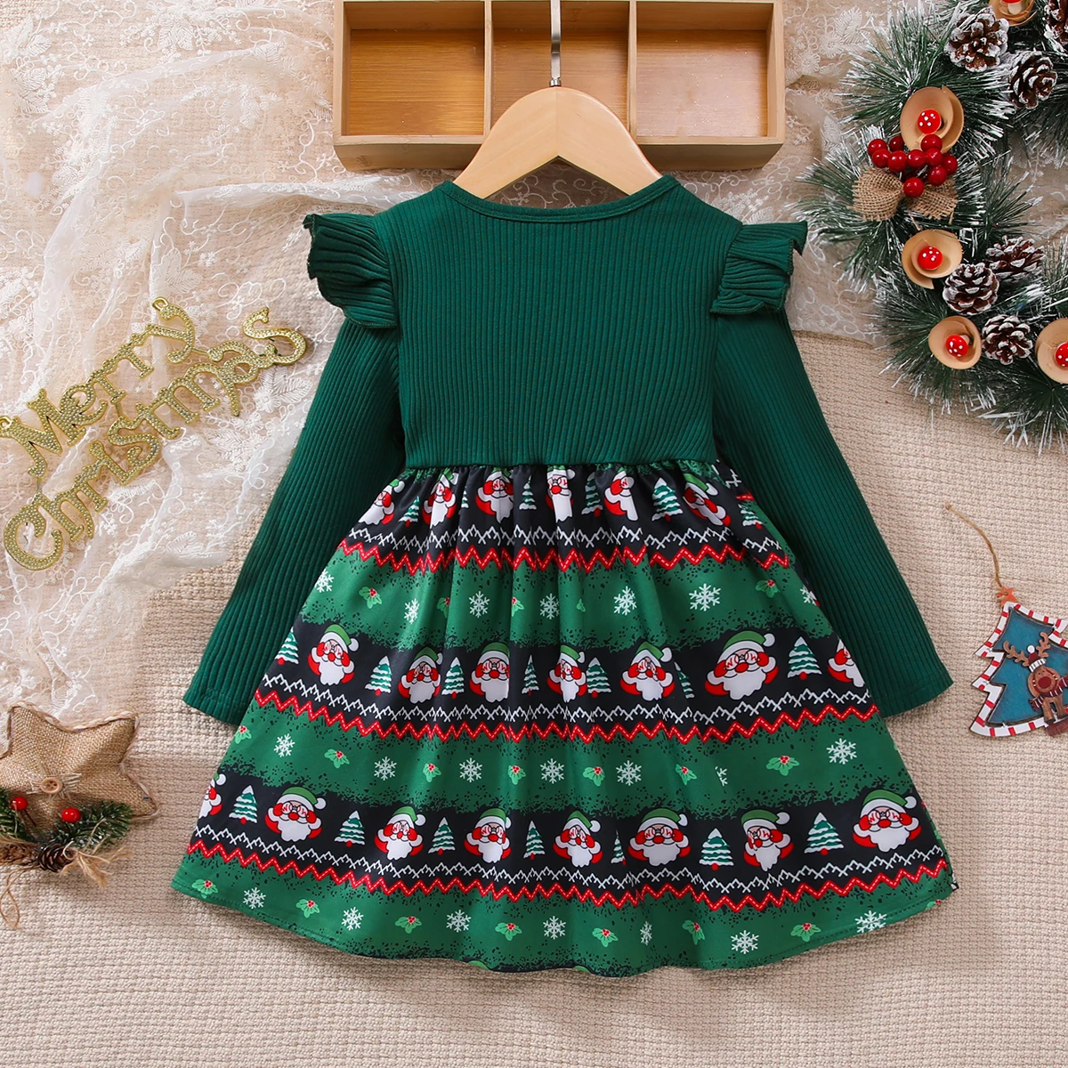 Girls Christmas Theme Green Ruffle Long Sleeve Dress Baby Girl Holiday Outfit Children's Clothing