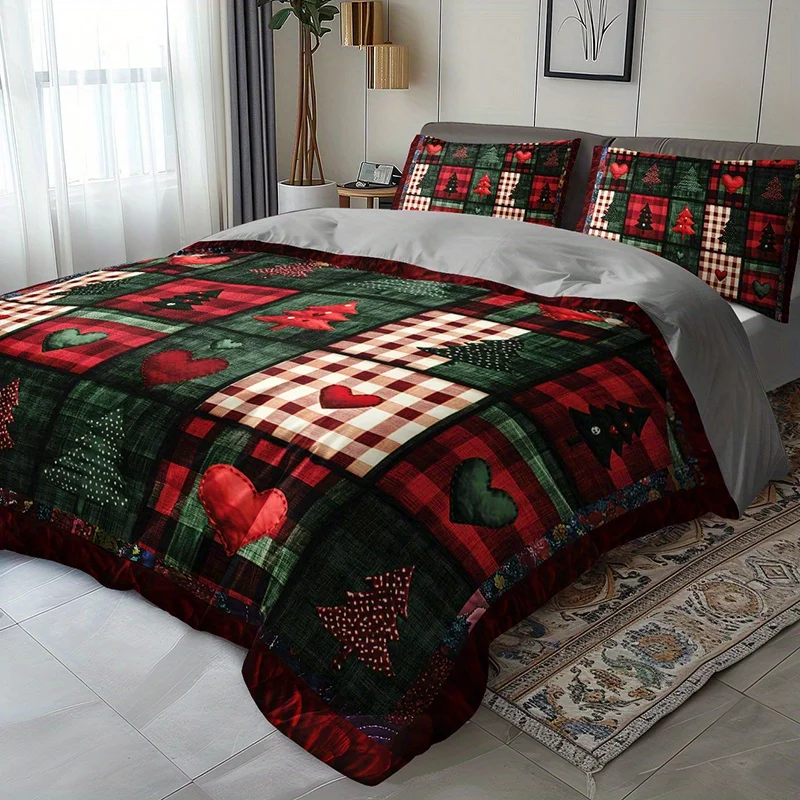 

3pcs Christmas Tree & Plaid Bedspread Set with Red/Green Tartan Duvet Cover & Pillowcases - All-Season Soft Brushed Bedding