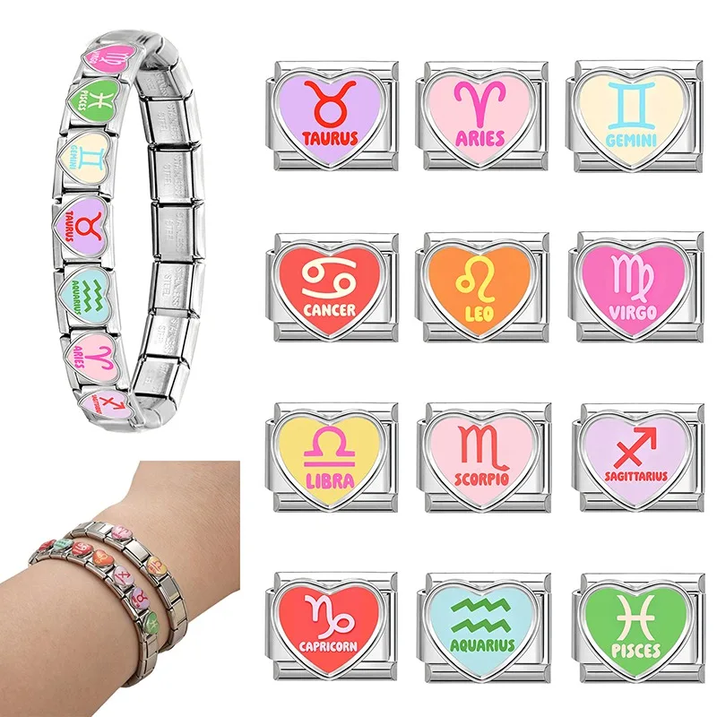 Pink Virgo Yellow Leo Purple Taurus Constellation Italian Charms Fit 9mm Stainless Steel Women Fashion Bracelet DIY Jewelry Gift