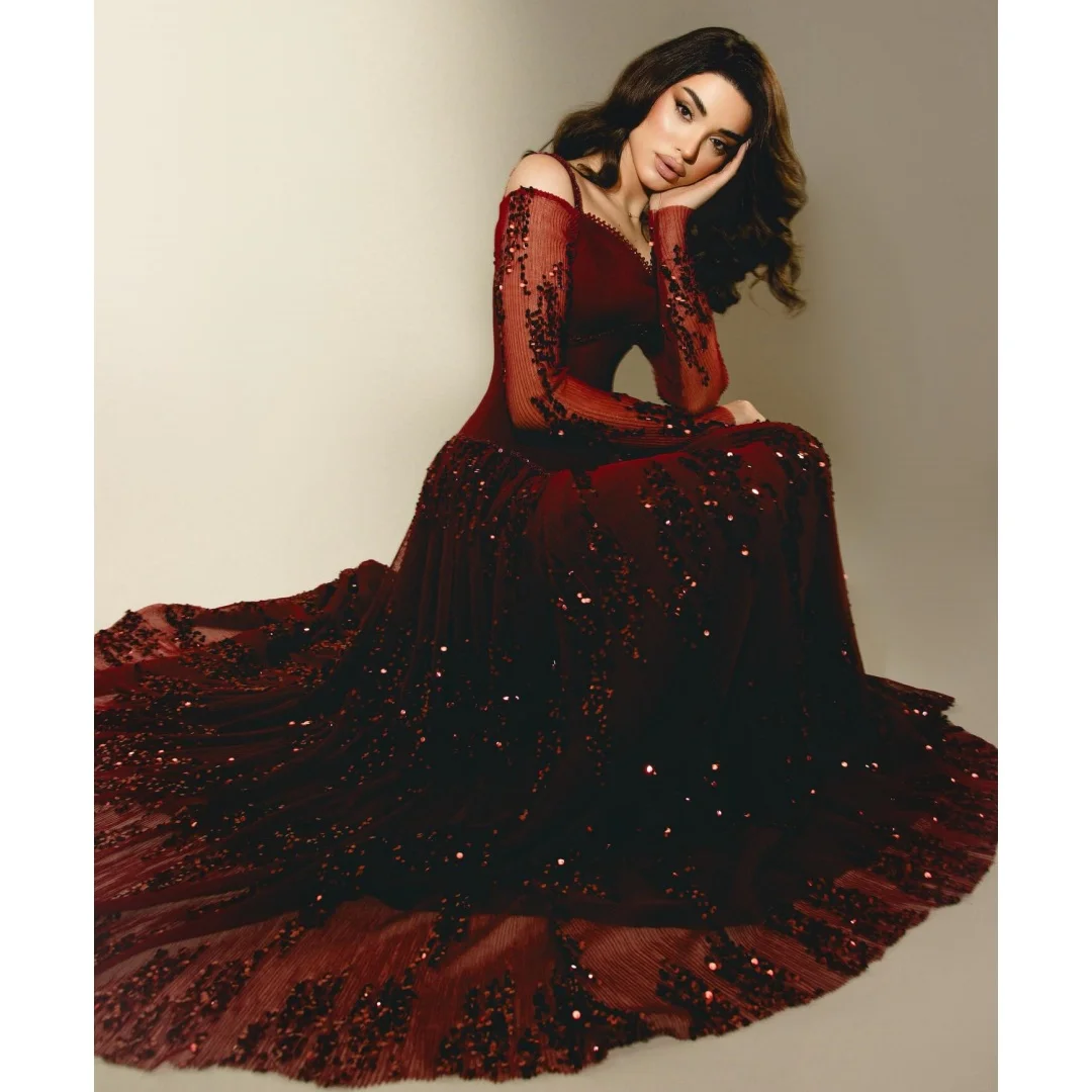 Burgundy Pleated Sequin Evening Dresses Spaghetti Straps Off the Shoulder Maxi Gown Wedding Party Dress Customized Vestidos