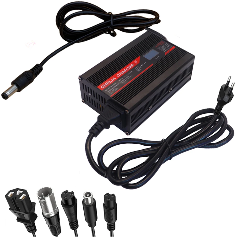54.6V 5A Lithium Charger 42V 5A Lithium Charger 67.2V 4A Charger Equipped with DC2.5 to XLR IEC GX16 M12 RCA8MM Connector OHRIJA