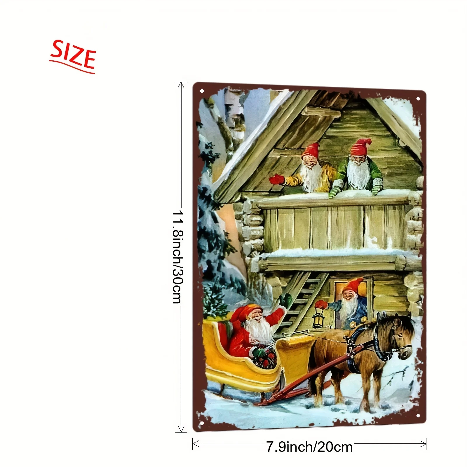 2D Flat - A 2D Metal Iron Sign Featuring a Gnome Accompanying Santa Claus on a Sleigh in a Christmas Snow Scene, Measuring 20*30
