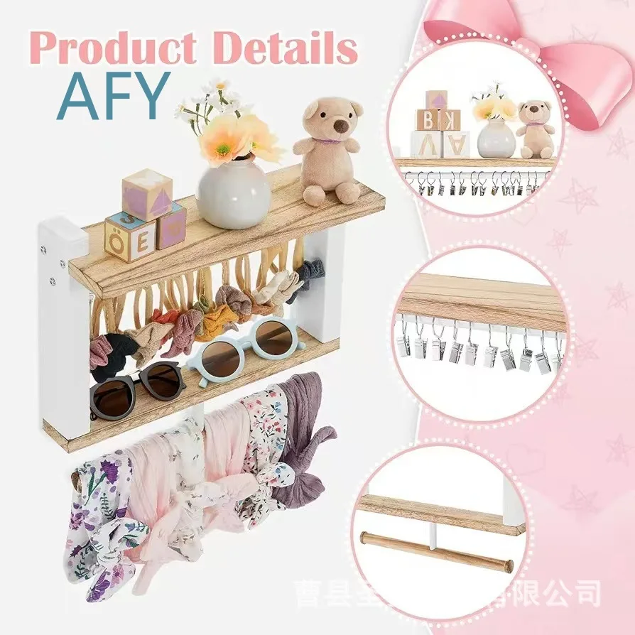 Wooden Wall Mounted Hair Tie Organizer for Kids Two Tier Hair Accessory Storage Rack for Headbands Hair Clips Wall Shelf for