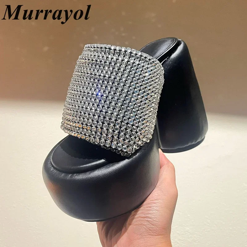 

New Genuine Leather Waterproof Platform Slippers Women One Strap Rhinestone Decor Thick Heels Sandals Summer Dress Shoes Pumps