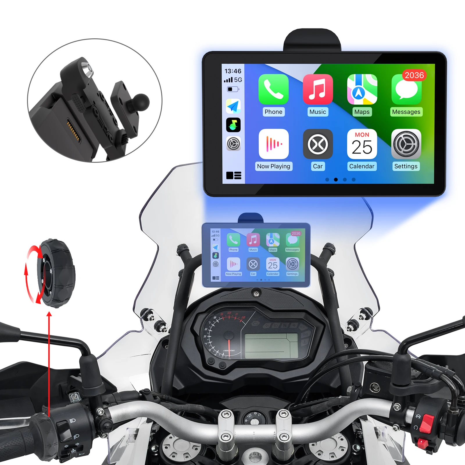 

Carabc Motorcycle Wireless Carplay Global Positioning System Navigation Screen with 6 Inch Waterproof IPX7 Dashboard Camera