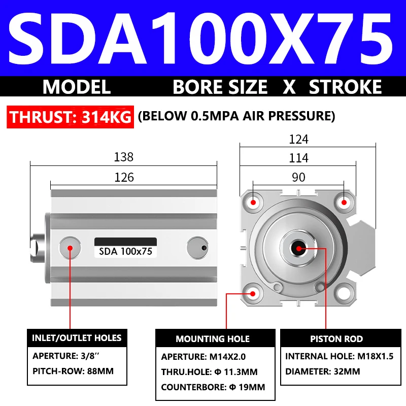 ABILKEEN SDA100X75 SDA Series Thin Air Cylinder 100MM Female Thread Bore X 75MM Stroke Double Acting Pneumatic Compact Cylinder