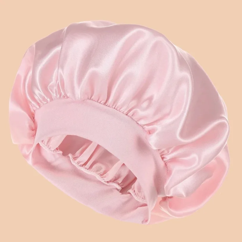 1Pc Women Wide Brim Satin Bonnet, Solid Color Waterproof Shower Cap Soft Silk Hair Protection Hat