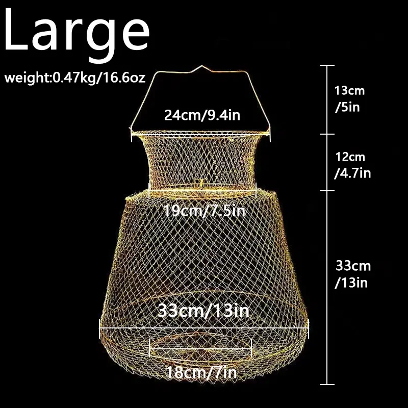 Goture Portable Steel Wire Fish Net Cage  Metal Fish Crab Basket Bag Foldable Fishing Net Tackle 58 x 33cm