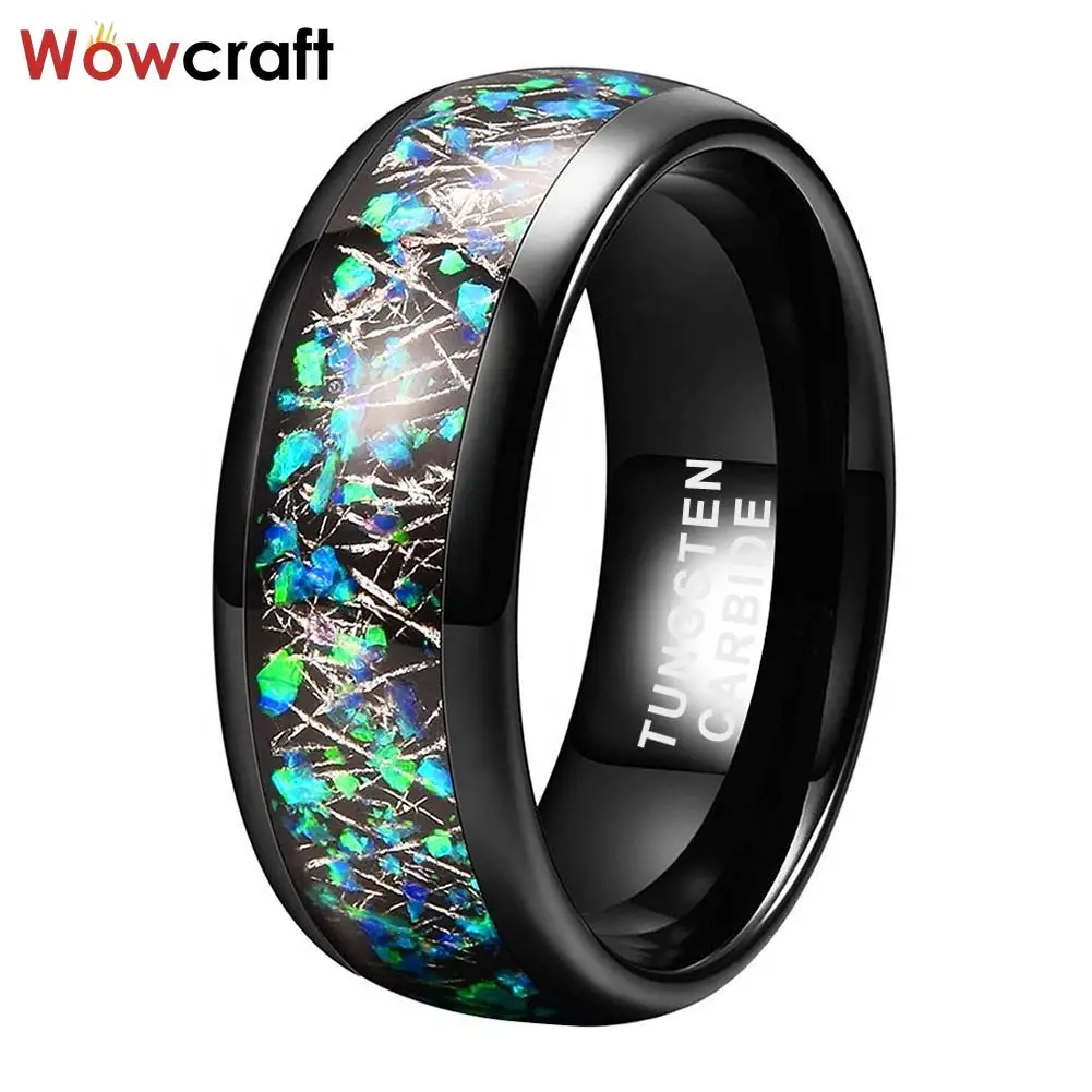 Tungsten Ring for Men Women Black Meteorite Blue Opal Inlay Fashion Engagement Wedding Band