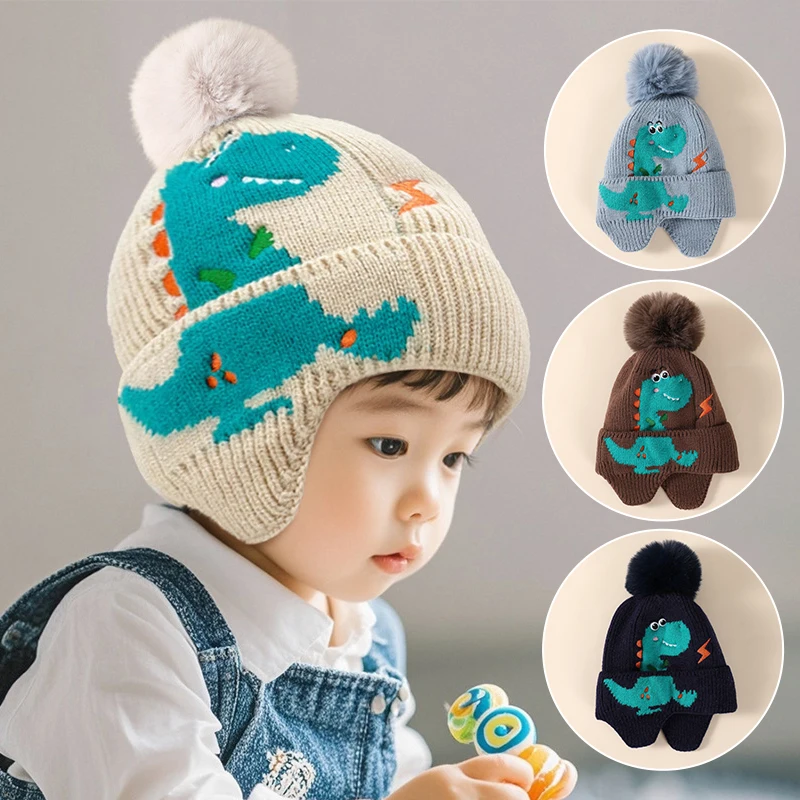 

Cute Dinosaur Baby Knitted Hat Winter Warm Kids Earmuffs Cap 2-8year Boys Girls Woolen Crochet Bonnet Cartoon Children Beanies