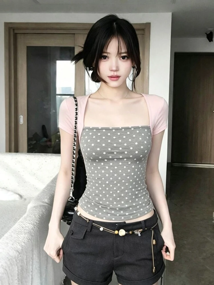 Y2k Aesthetics Wave Point Two Pieces Tops Harajuku Sexy Square Collar Grunge T-shirt Streetwear Patchwork Vintage Tshirts