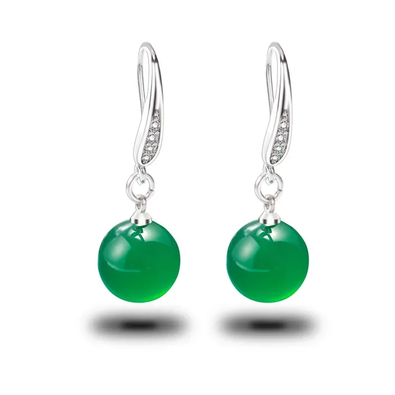 

925 Sliver Fashion Jade Jewelry 10mm Beads Earrings Natural Green Agate Accessories DIY Chalcedony Drop for Women Gifts