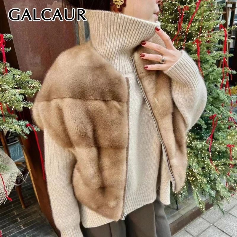 GALCAUR-Gilets de style tempérament de luxe pour femmes, col rond en fibre, patchwork, fermeture éclair, chaud, glaçure à la mode, femme, hiver, nouveau