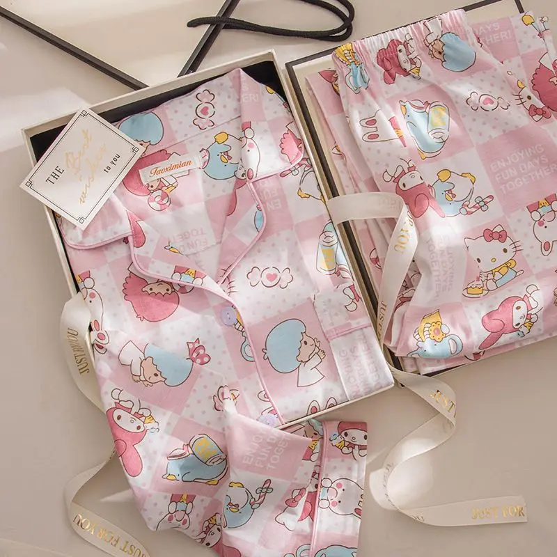 

Sanrio Pajamas 2Pcs Girl Kawaii Household Clothes Hello Kitty Long Sleeves New Spring Fall Summer Grid Sweet Comfort Cartoon