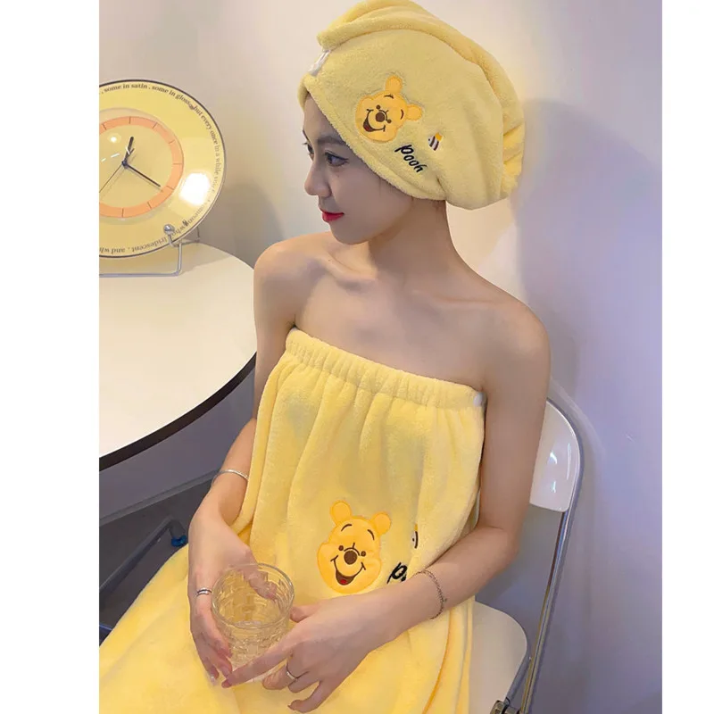 Disney-winnie The pooh bearぬいぐるみヘアキャップ、シャワースカート、かわいいアニメ準備バスローブ、学校のアクセサリーにタオル旅行、ドライ、2個