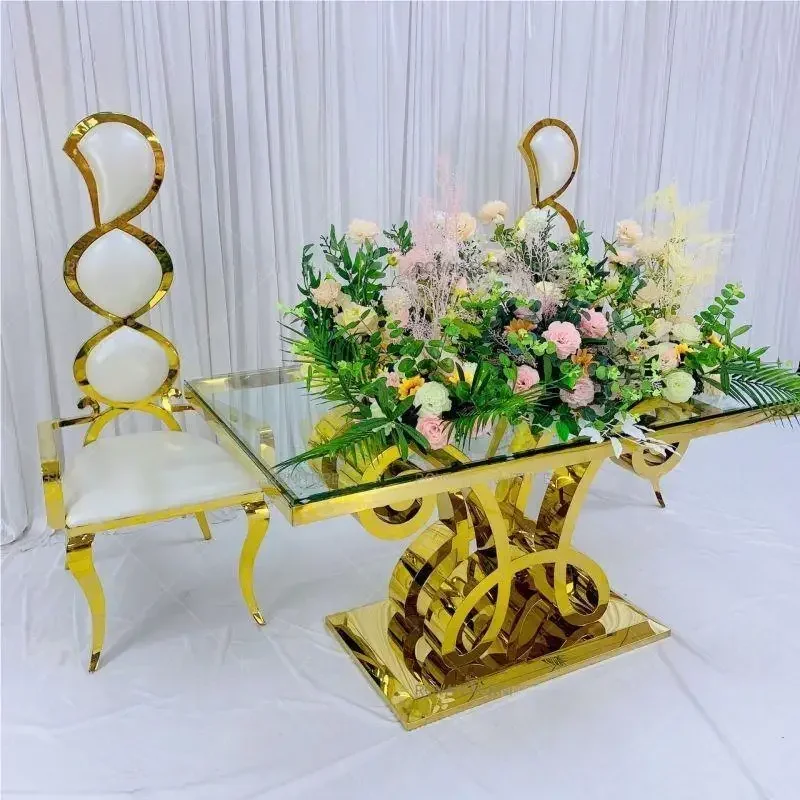 Luxury Rectangular Glass Top Gold Stainless Steel Wedding Party Table