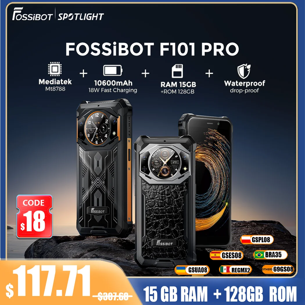 [세계 최초] Fossibot F101Pro, 견고한 스마트폰, 10600mAh, IP68, 15GB+128GB, 방수 글로벌폰, NFC