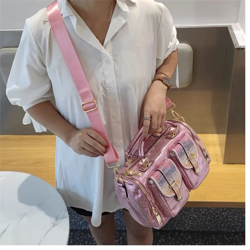 2024 New pink sequins Women Fashion Mesh Rhinestone Messenger Bag Lady Casual Shiny Office Pockets Handbag