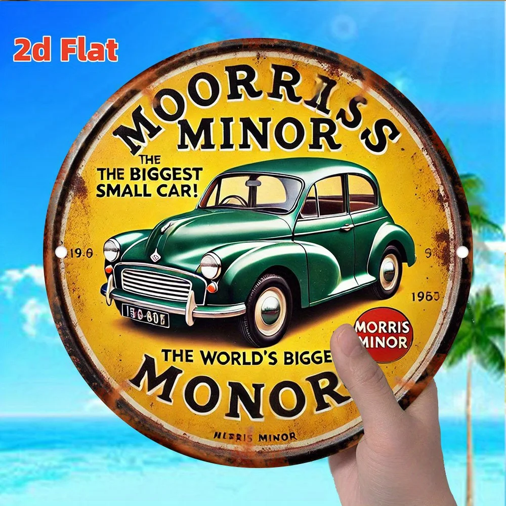 Vintage Green Classic Car Morris Minor Weathered Sign 2D flat Round Metal Tin Sign Garage Man Cave Wall Decor 7.87x7.87 Inch