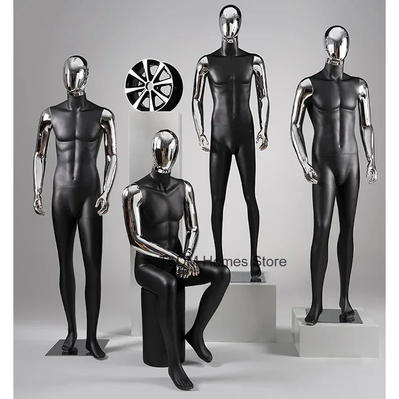 Full Body Silver Mannequins Light Luxury Mannequins for Display Windows Creative FRP Mannequins for Men's Clothing Store Modern